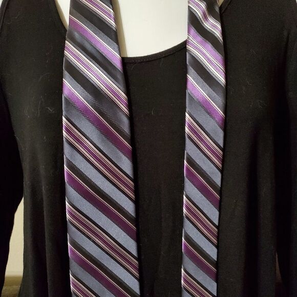 DKNY Gray, Purple, & White Striped Silk Tie - Picture 2 of 5
